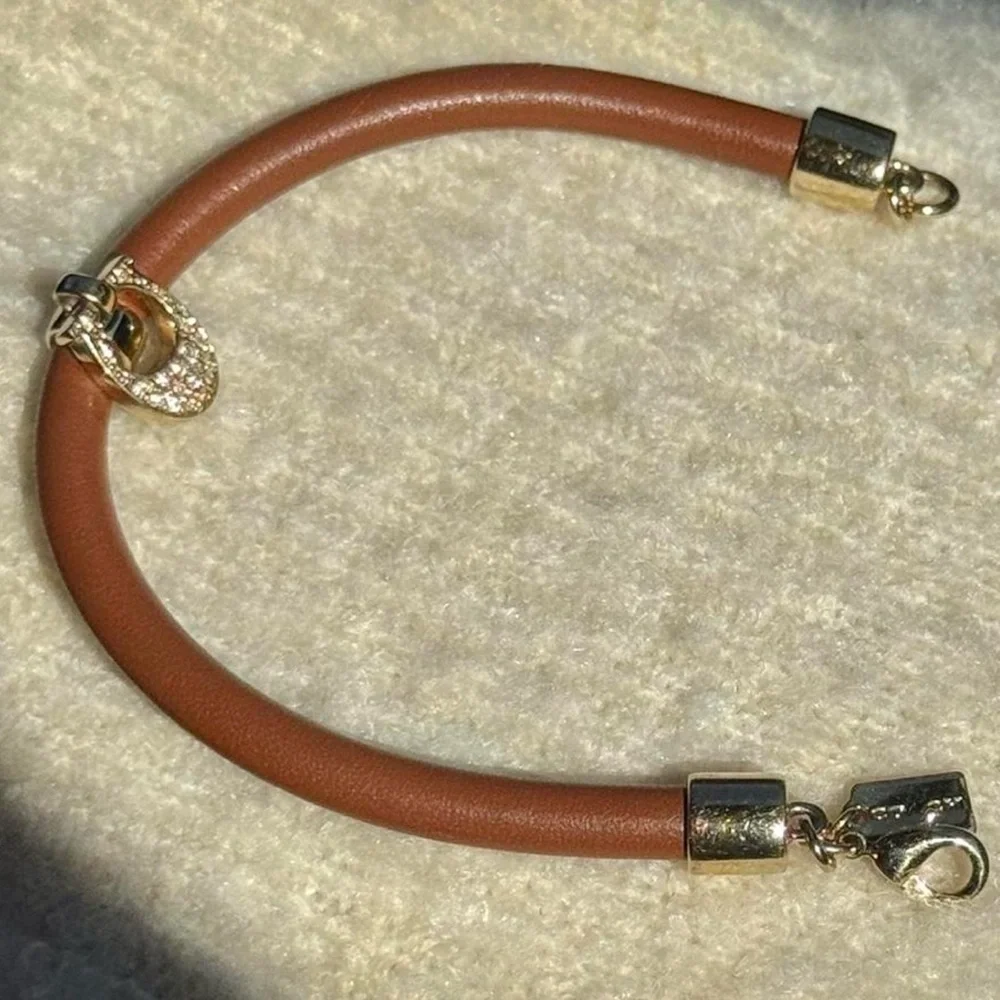 Vintage Coach Leather Bracelet Pave Signature C Charm Honey Brown Cord Gold Tone - Picture 4 of 6
